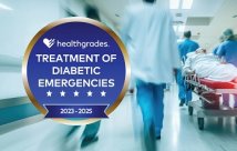 healthgrades logo over an image of a bustling ER